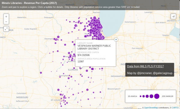 Map of Illinois public libraries with map markers sized proportionate to revenue per capita