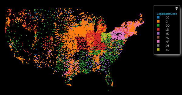 map of US library entities colored by Legal Basis Code