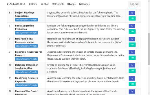 This image displays a user interface from the 'pLAId.galecia' website, showing a list of library research prompts. The interface includes items numbered 6 through 12, each with a different prompt for library-related tasks:  6. Subject Headings Suggestions: Suggest five potential subject headings for the book 'The History of Quantum Physics: A Comprehensive Overview' by Jane Doe. 7. Book Suggestion Evaluation: Evaluate a patron suggestion for adding 'The Future of Artificial Intelligence' by John Smith to the library collection, considering relevance and demand. 8. New Periodicals Recommendation: Based on a list of popular subjects in the library, suggest three new periodicals that may be of interest to the community. 9. Electronic Resources for Research: Recommend five relevant electronic resources for a patron researching the impact of climate change on marine life. 10. Database Instruction Session Outline: Create an outline for a 1-hour library instruction session on using academic databases effectively. 11. Identifying Research Keywords: Assist a patron researching the effects of social media on mental health by identifying 10 relevant keywords or phrases. 12. Causes of the French Revolution: Provide a brief overview of the main causes of the French Revolution for a patron's inquiry.  Each prompt is accompanied by 'Try' and 'Edit' buttons, allowing users to engage with or modify the prompts. The page has a clean layout with a white background, and the prompts are organized in a clear and readable manner.