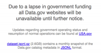 screenshot of the data.gov website bearing a large heading "Due to a lapse in government funding, all Data.gov websites will be unavailable until further notice."