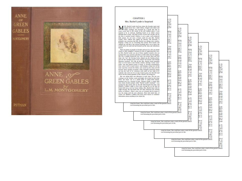 graphic showing an antique copy of Anne of Green Gables with pages coming out of it