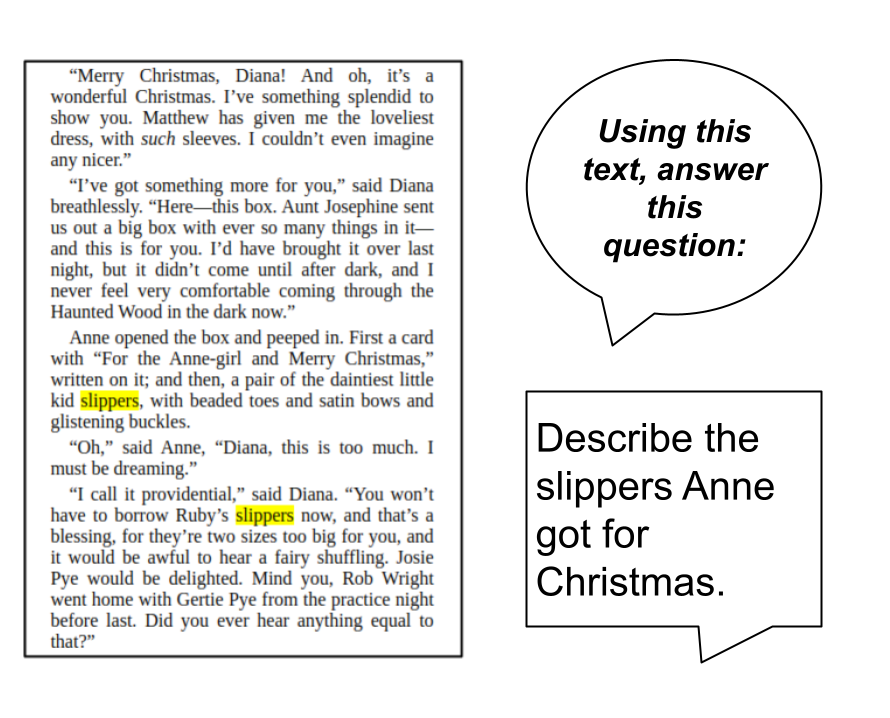 image showing a page from ANne of Green Gables with the word "slippers" highlighted twice. On the right are two chat bubble symbols. The top bubble reads "Using this text, answer this question:" and the bottom bubble reads "Describe the slippers Anne got for Christmas"
