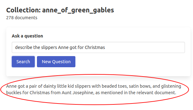 screenshot of custom AI application, titled "Collection: Anne of Green Gables, 278 documents" - Form reads "Ask a question" with question "Describe the slippers Anne got for Christmas." Below the form is an answer, circled in red, reading  Anne got a pair of dainty little kid slippers with beaded toes, satin bows, and glistening buckles for Christmas from Aunt Josephine as mentioned in the relevant document