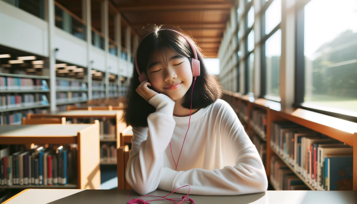 teen girl listens to headphones while sitting in the library