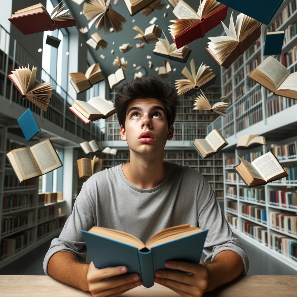 teen boy in the library holding a book, looking up in surprise as dozens of other books flutter around in the air around his head