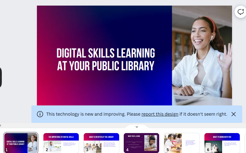 screenshot of Canva interface featuring presentation slide, smiling stock photograph woman, and titled "Digital Skills Learning At Your Public Library"