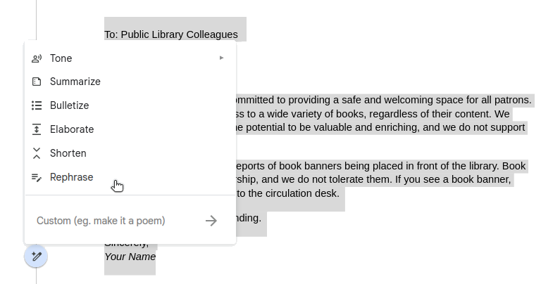 image of the text sample with a pop-up menu over it. the menu options are: Tone, Summarize, Bulletize, Elaborate, Shorten, Rephrase, and Custom (e.g., make it a poem).