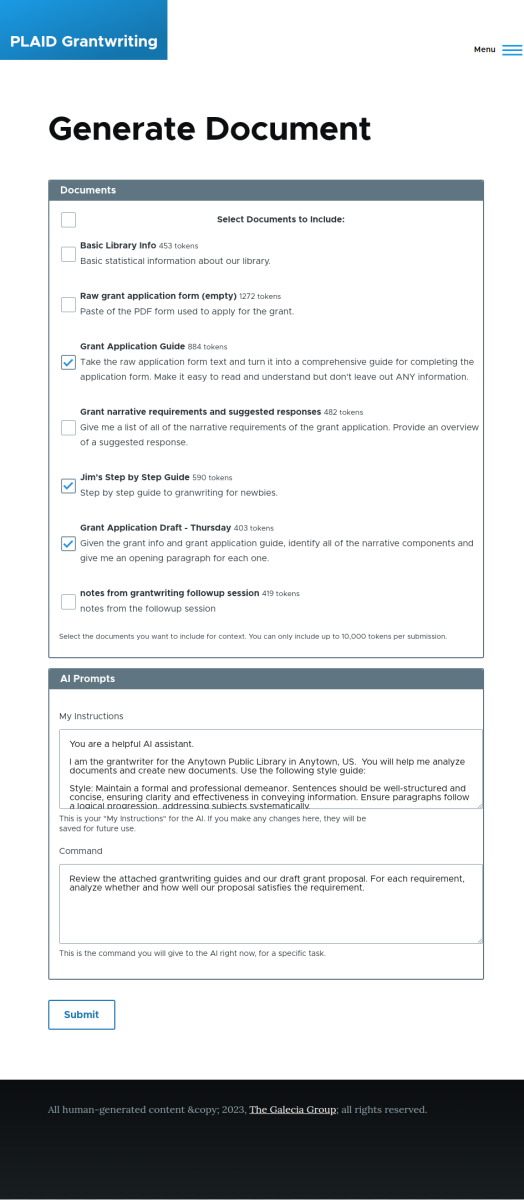 Screenshot of a PLAID Grantwriting web interface. The header says 'Generate Document.' Below, there's a section labeled 'Documents' where various documents can be selected to be included in the grant document generation. Options include 'Basic Library Info,' 'Raw grant application form (empty),' 'Grant Application Guide,' 'Grant narrative requirements and suggested responses,' 'Jim's Step by Step Guide,' 'Grant Application Draft - Thursday,' and 'notes from grantwriting followup session.' Two options, 'Grant Application Guide' and 'Jim's Step by Step Guide,' are checked. Below is an 'AI Prompts' section where the user can provide instructions and commands to the AI. The footer mentions that all human-generated content is copyrighted by 'The Galecia Group' in 2023.