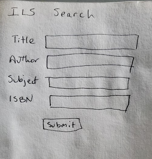 napkin sketch of a website form reading "ILS Search" with fields for Title, Author, Subject, ISBN, and a submit button at the bottom.